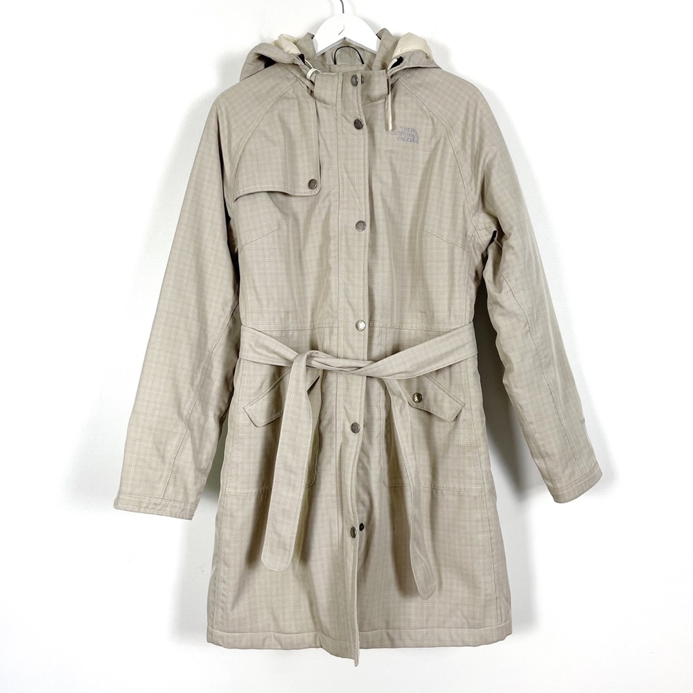 The North Face Insulated Hyvent Tan Plaid Belted Parka Jacket Large